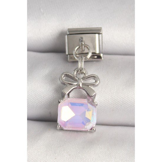 316L Çelik Gümüş Renk Pembe Zirkon Taşlı Çanta Model Nomination Charm