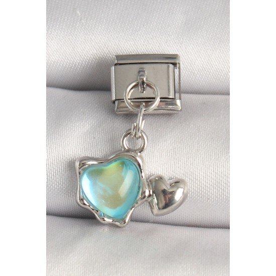 316L Çelik Gümüş Renk Mavi Mineli Kalp Model Nomination Charm