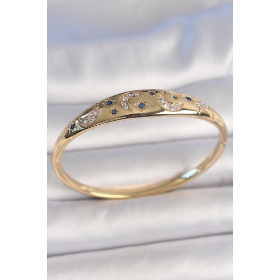 Pirinç Gold Renk Zirkon Taşlı Hilal İşleme Mavi Taşlı Yıldız Detay Kadın Kelepçe