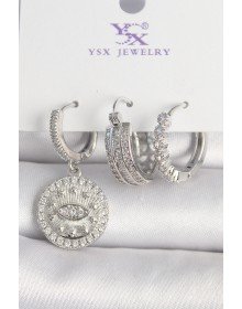 Pirinç Gümüş Renk Zirkon Taşlı Göz İşlemeli Halka Model 3'Lü Kadın Kombin Küpe