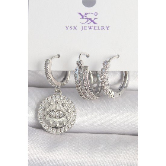 Pirinç Gümüş Renk Zirkon Taşlı Göz İşlemeli Halka Model 3'Lü Kadın Kombin Küpe