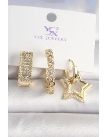Pirinç Gold Renk Zirkon Taşlı Yıldız Figür Halka Model 3'Lü Kadın Kombin Küpe