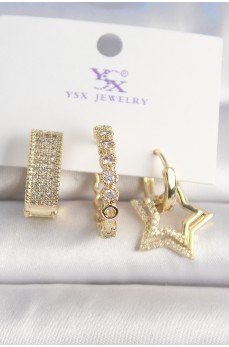 Pirinç Gold Renk Zirkon Taşlı Yıldız Figür Halka Model 3'Lü Kadın Kombin Küpe