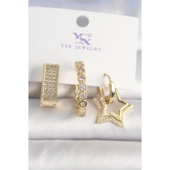 Pirinç Gold Renk Zirkon Taşlı Yıldız Figür Halka Model 3'Lü Kadın Kombin Küpe