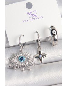 Pirinç Gümüş Renk Zirkon Taşlı Göz Model Nazar Boncuk Detay 3'Lü Kadın Kombin Küpe