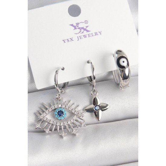 Pirinç Gümüş Renk Zirkon Taşlı Göz Model Nazar Boncuk Detay 3'Lü Kadın Kombin Küpe