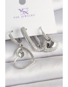 Pirinç Gümüş Renk Sallantı Zirkon Taşlı Kalp Model 3'Lü Kadın Kombin Küpe