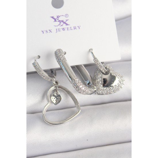 Pirinç Gümüş Renk Sallantı Zirkon Taşlı Kalp Model 3'Lü Kadın Kombin Küpe