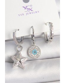 Pirinç Gold Renk Zirkon Taşlı Yıldız Model Nazar Boncuk Detay 3'Lü Kadın Kombin Küpe