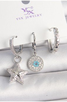 Pirinç Gold Renk Zirkon Taşlı Yıldız Model Nazar Boncuk Detay 3'Lü Kadın Kombin Küpe