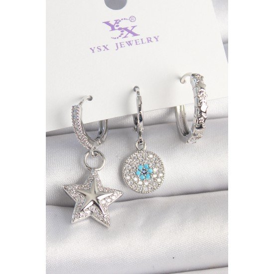 Pirinç Gold Renk Zirkon Taşlı Yıldız Model Nazar Boncuk Detay 3'Lü Kadın Kombin Küpe