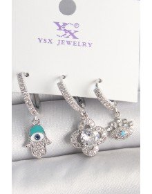 Pirinç Gümüş Renk Zirkon Taşlı Fatma Ana Yonca Figür Göz Detay 3'Lü Kadın Kombin Küpe