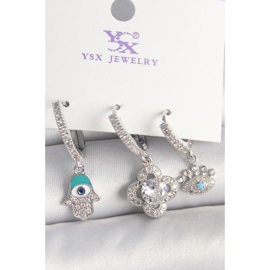 Pirinç Gümüş Renk Zirkon Taşlı Fatma Ana Yonca Figür Göz Detay 3'Lü Kadın Kombin Küpe Pirinç Gümüş Renk Zirkon Taşlı Fatma Ana Yonca Figür Göz Detay 3'Lü Kadın Kombin Küpe