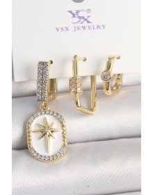 Pirinç Gold Renk Sallantı Zirkon Taş İşlmeli Yıldız Portre Model 3'Lü Kadın Kombin Küpe