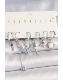 Pirinç Gümüş Renk Zirkon Taşlı Kuş Figür Çiçek Detay 6'Lı Kadın Kombin Küpe