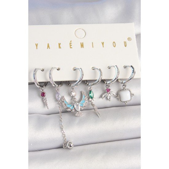 Pirinç Gümüş Renk Zirkon Taşlı Kuş Figür Çiçek Detay 6'Lı Kadın Kombin Küpe