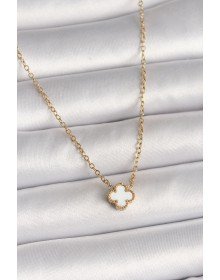 316L Çelik Gold Renk Beyaz Yonca Model Kadın Kolye