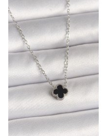 316L Çelik Gümüş Renk Siyah Yonca Model Kadın Kolye