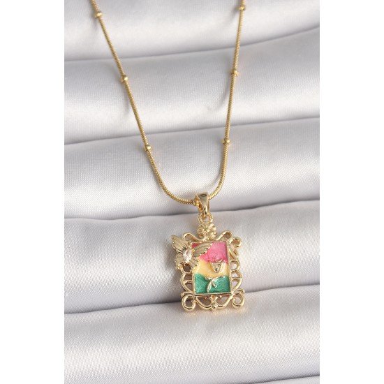 316L Çelik Gold Renk Renkli Zirkon Taşlı Kelebek İşlemeli Portre Model Kadın Kolye