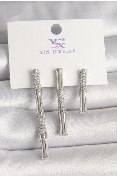 Pirinç Gümüş Renk Zirkon Taşlı Bambu Model 3'Lü Kadın Kombin Küpe