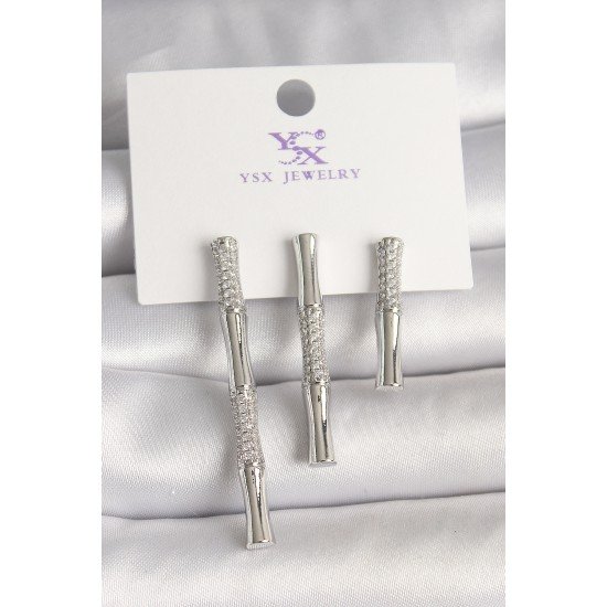 Pirinç Gümüş Renk Zirkon Taşlı Bambu Model 3'Lü Kadın Kombin Küpe