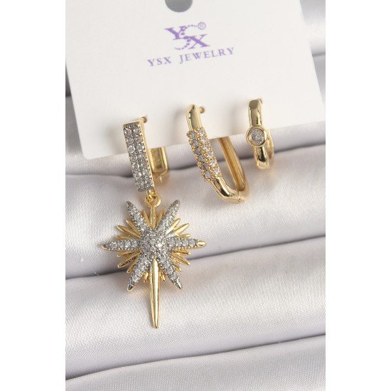 Pirinç Gold Renk Sallantı Zirkon Taşlı Kutup Yıldız Model 3'Lü Kadın Kombin Küpe Pirinç Gold Renk Sallantı Zirkon Taşlı Kutup Yıldız Model 3'Lü Kadın Kombin Küpe