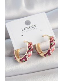 Pirinç Gold Renk Halka Mor Çiçek Mineli Kadın Küpe