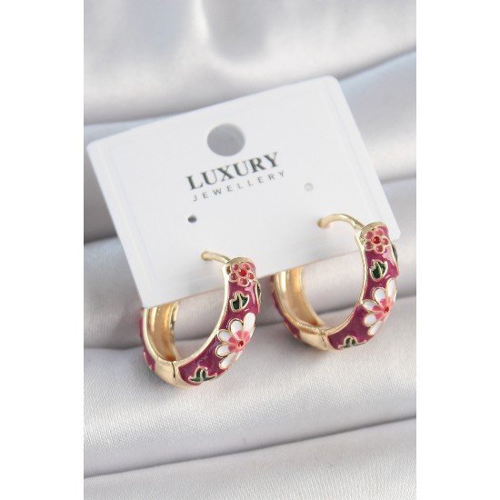 Pirinç Gold Renk Halka Mor Çiçek Mineli Kadın Küpe Pirinç Gold Renk Halka Mor Çiçek Mineli Kadın Küpe