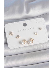 Pirinç Gold Renk Zirkon Taşlı Kelebek Model İnci Detay 925 Ayar Gümüş Çivi Kadın Küpe Seti