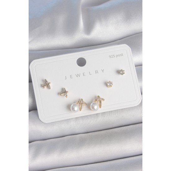 Pirinç Gold Renk Zirkon Taşlı Kelebek Model İnci Detay 925 Ayar Gümüş Çivi Kadın Küpe Seti