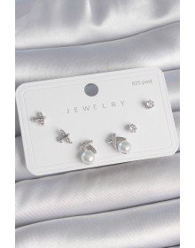 Pirinç Gümüş Renk Zirkon Taşlı Kelebek Model İnci Detay 925 Ayar Gümüş Çivi Kadın Küpe Seti