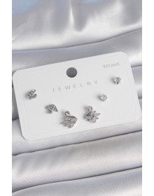 Pirinç Gümüş Renk Zirkon Taşlı Kuğu Model 925 Ayar Gümüş Çivi Kadın Küpe Seti