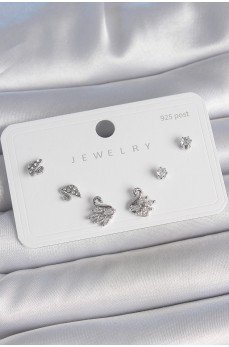 Pirinç Gümüş Renk Zirkon Taşlı Kuğu Model 925 Ayar Gümüş Çivi Kadın Küpe Seti