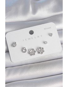 Pirinç Gümüş Renk Zirkon Taşlı Kar Tanesi Model 925 Ayar Gümüş Çivi Kadın Küpe Seti