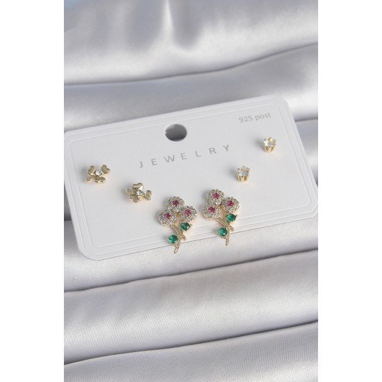 Pirinç Gold Renk Renkli Zirkon Taşlı Çiçek Model Yaprak Detay 925 Ayar Gümüş Çivi Kadın Küpe Seti