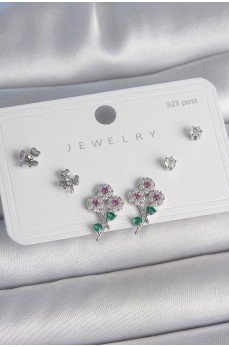 Pirinç Gümüş Renk Renkli Zirkon Taşlı Çiçek Model Yaprak Detay 925 Ayar Gümüş Çivi Kadın Küpe Seti
