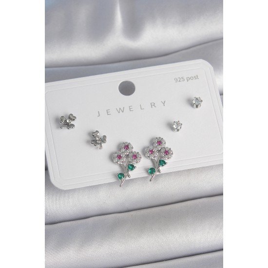 Pirinç Gümüş Renk Renkli Zirkon Taşlı Çiçek Model Yaprak Detay 925 Ayar Gümüş Çivi Kadın Küpe Seti