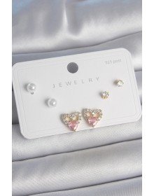 Pirinç Gold Renk Pembe Zirkon Taşlı Kalp Model İnci Detay 925 Ayar Kadın Küpe Seti