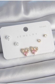 Pirinç Gold Renk Pembe Zirkon Taşlı Kalp Model İnci Detay 925 Ayar Kadın Küpe Seti