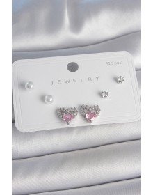 Pirinç Gümüş Renk Pembe Zirkon Taşlı Kalp Model İnci Detay 925 Ayar Gümüş Çivi Kadın Küpe Seti