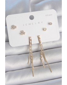 Pirinç Gold Renk Su Yolu Zirkon Taşlı Sallantı Model Çiçek Detay 925 Ayar Gümüş Çivi Kadın Küpe Seti