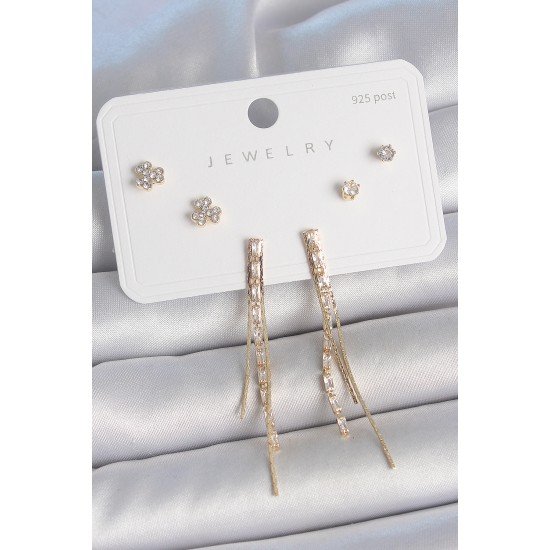 Pirinç Gold Renk Su Yolu Zirkon Taşlı Sallantı Model Çiçek Detay 925 Ayar Gümüş Çivi Kadın Küpe Seti