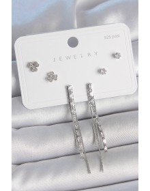 Pirinç Gümüş Renk Su Yolu Zirkon Taşlı Sallantı Model Çiçek Detay 925 Ayar Gümüş Çivi Kadın Küpe Seti