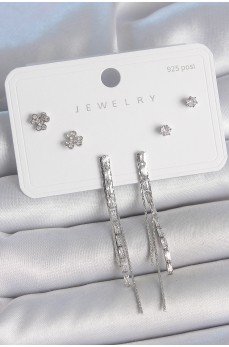 Pirinç Gümüş Renk Su Yolu Zirkon Taşlı Sallantı Model Çiçek Detay 925 Ayar Gümüş Çivi Kadın Küpe Seti