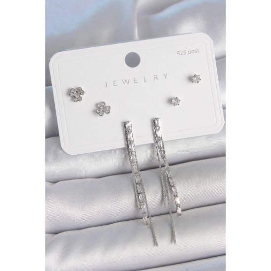 Pirinç Gümüş Renk Su Yolu Zirkon Taşlı Sallantı Model Çiçek Detay 925 Ayar Gümüş Çivi Kadın Küpe Seti Pirinç Gümüş Renk Su Yolu Zirkon Taşlı Sallantı Model Çiçek Detay 925 Ayar Gümüş Çivi Kadın Küpe Seti