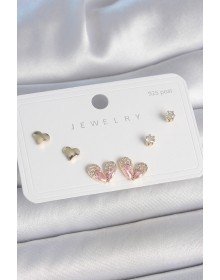 Pirinç Gold Renk Pembe Zirkon Taşlı Kalp Model 925 Ayar Gümüş Çivi Kadın Küpe Seti