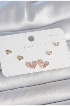 Pirinç Gold Renk Pembe Zirkon Taşlı Kalp Model 925 Ayar Gümüş Çivi Kadın Küpe Seti