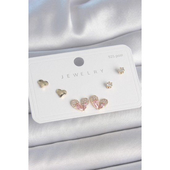 Pirinç Gold Renk Pembe Zirkon Taşlı Kalp Model 925 Ayar Gümüş Çivi Kadın Küpe Seti