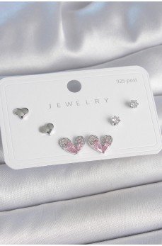 Pirinç Gümüş Renk Pembe Zirkon Taşlı Kalp Model 925 Ayar Gümüş Çivi Kadın Küpe Seti