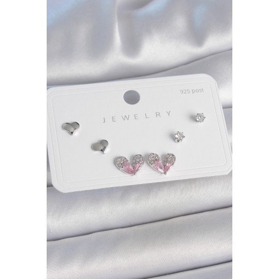 Pirinç Gümüş Renk Pembe Zirkon Taşlı Kalp Model 925 Ayar Gümüş Çivi Kadın Küpe Seti